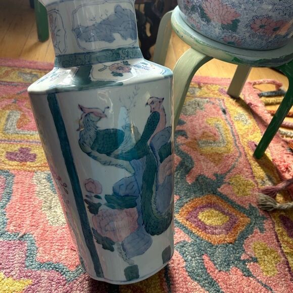 Vintage Asian Vase Decorative Ceramic Oriental Pot Peacock and Poppy Pattern 14" - Picture 6 of 16